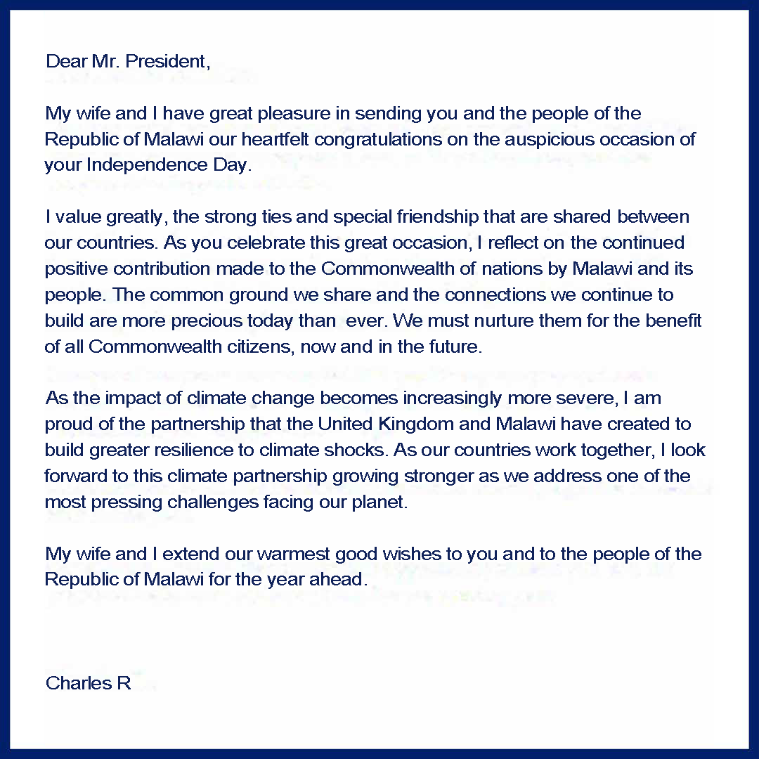 His Majesty The King has sent a message to the President and the people of the Republic of Malawi on #MalawiIndependenceDay 👇
