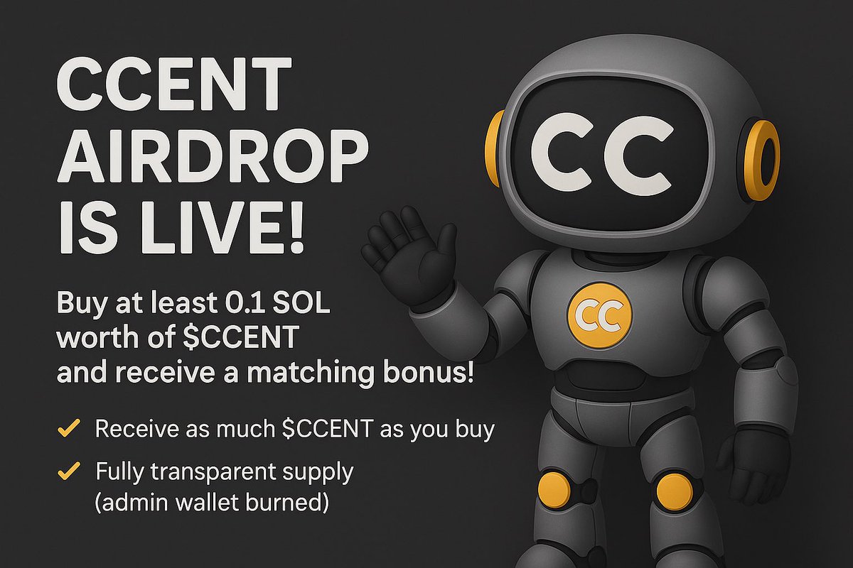 contentcentai's tweet image. 🎁 CCENT AIRDROP IS LIVE! 🎁

Buy at least 0.1 SOL worth of $CCENT and get a matching bonus!

dexscreener.com/solana/bwulac8…

✅ Receive as much $CCENT as you buy in this limited-time promo.
✅ Fully transparent supply (admin wallet burned).
✅ Built on Solana.

👉 Don’t miss this…