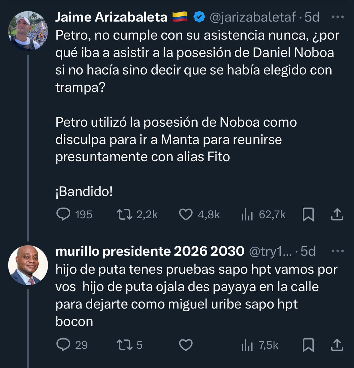Jaime Arizabaleta 🇨🇴 (@jarizabaletaf) on Twitter photo Esta amenaza que hace la cuenta @try13419 es muy fuerte.
Les pido que me ayuden a replicar. Ojalá <a href="/FiscaliaCol/">Fiscalía Colombia</a> haga algo, parece que solo importan las amenazas contra el presidente Esta amenaza que hace la cuenta @try13419 es muy fuerte.
Les pido que me ayuden a replicar. Ojalá <a href="/FiscaliaCol/">Fiscalía Colombia</a> haga algo, parece que solo importan las amenazas contra el presidente