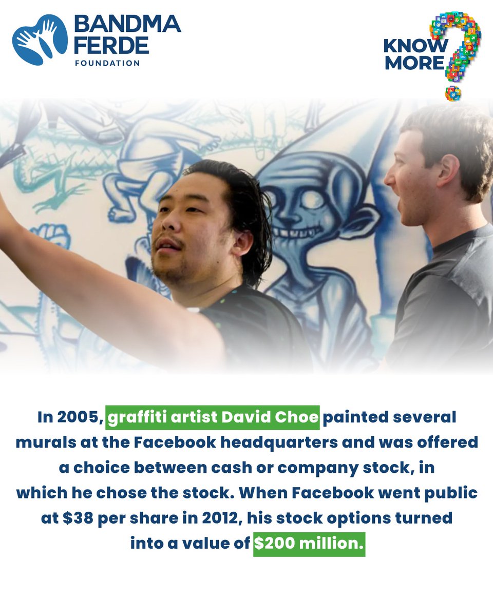 Bff4change's tweet image. In 2005, graffiti artist David Choe chose Facebook stock over cash for painting murals at their HQ

Sometimes, believing in a vision pays off more than you can imagine.
.
.
.
#BandmaFerdeFoundation #KnowMore #DavidChoe #FacebookIPO #InspiringStories #BandmaSalaam #IngnuityAtWork