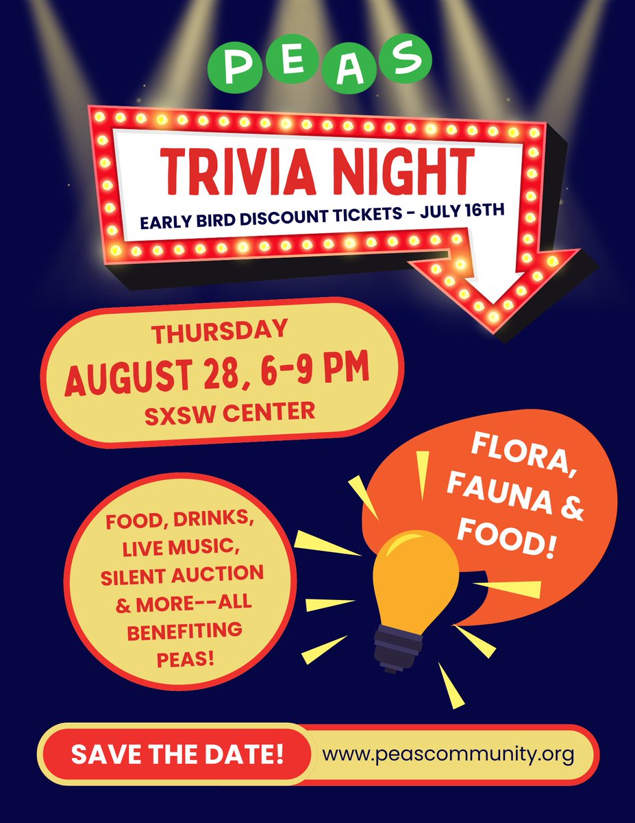 Please save the date for PEAS' Back to School Trivia Night Fundraiser on Aug 28th @ the SXSW Center from 6-9 PM. Early Bird discounted tickets go on sale July 16th! Interested in becoming a sponsor?  Contact admin@peascommunity.org.