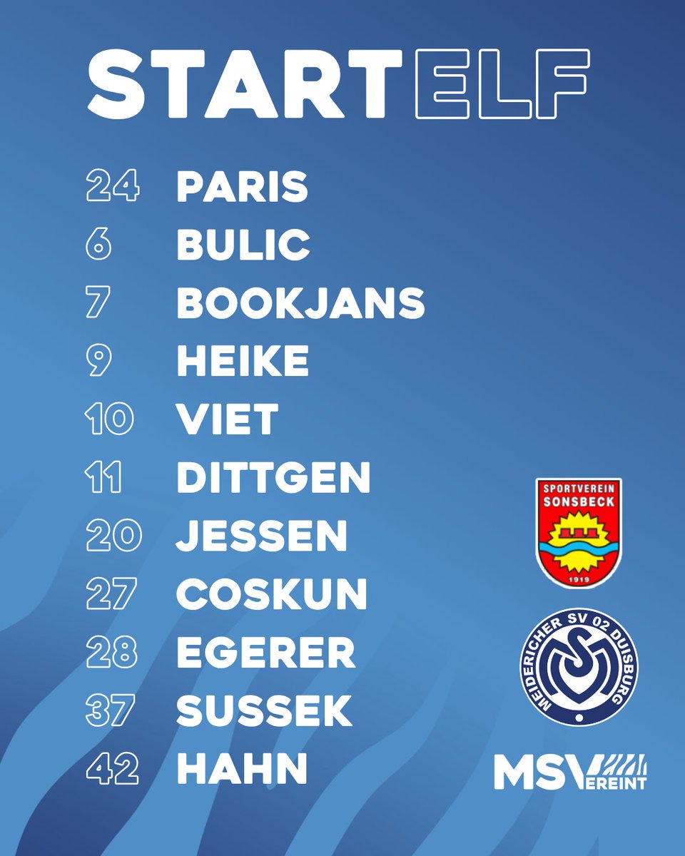 𝗧𝗘𝗔𝗠 𝗠𝗦𝗩 🟦⬜🟦

Mit folgender ersten Elf testen unser Spielverein im Willy-Lemkens-Sportpark beim SV Sonsbeck. Unser Trainerteam hat dem ein oder anderen Akteur heute Schonung verordnet, dazu später mehr im #MSV-Ticker. 

#MSVereint #SVSMSV