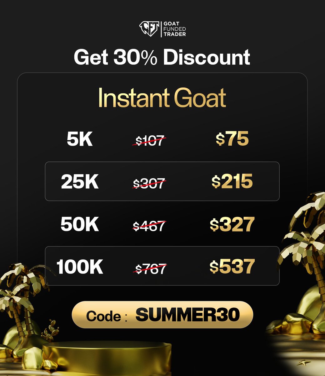 ☀️ The SUMMER30 Deal Is STILL LIVE at Goat Funded Trader ☀️

Our top INSTANT PLANS are still 30% OFF with code SUMMER30 🔥

Here’s what you can grab today:

💼 5K Instant → now just $75
💼 25K Instant → down to $215
💼 50K Instant → only $327
💼 100K Instant → now $537

No