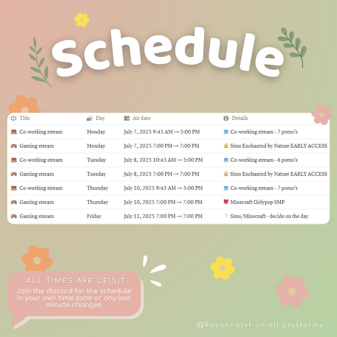 RosannaTxt's tweet image. Schedule for the week!! ποΈ
It's time forπ§πΌβ¨ in The Sims and a lot of co-working, more @GirlypopSMP and just good vibes!!