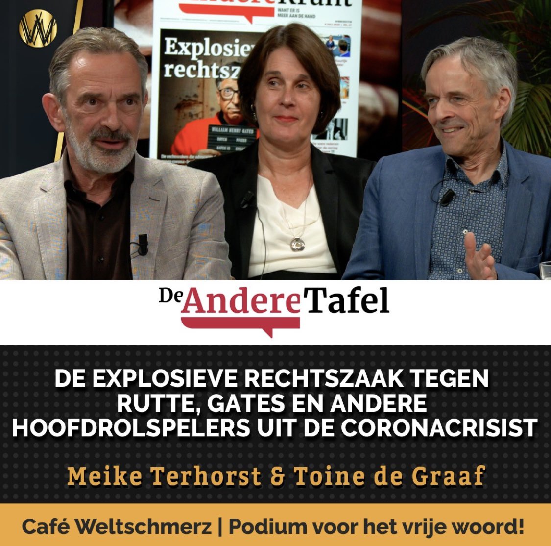 cafeweltschmerz's tweet image. In de 62e aflevering van De Andere Tafel ontvangt vaste presentator Pieter Stuurman advocaat Meike Terhorst en journalist van De Andere Krant Toine de Graaf. Onderwerp van gesprek zijn de rechtszaken die de advocaten Arno van Kessel en Peter Stassen sinds 2023 hebben aangespannen…