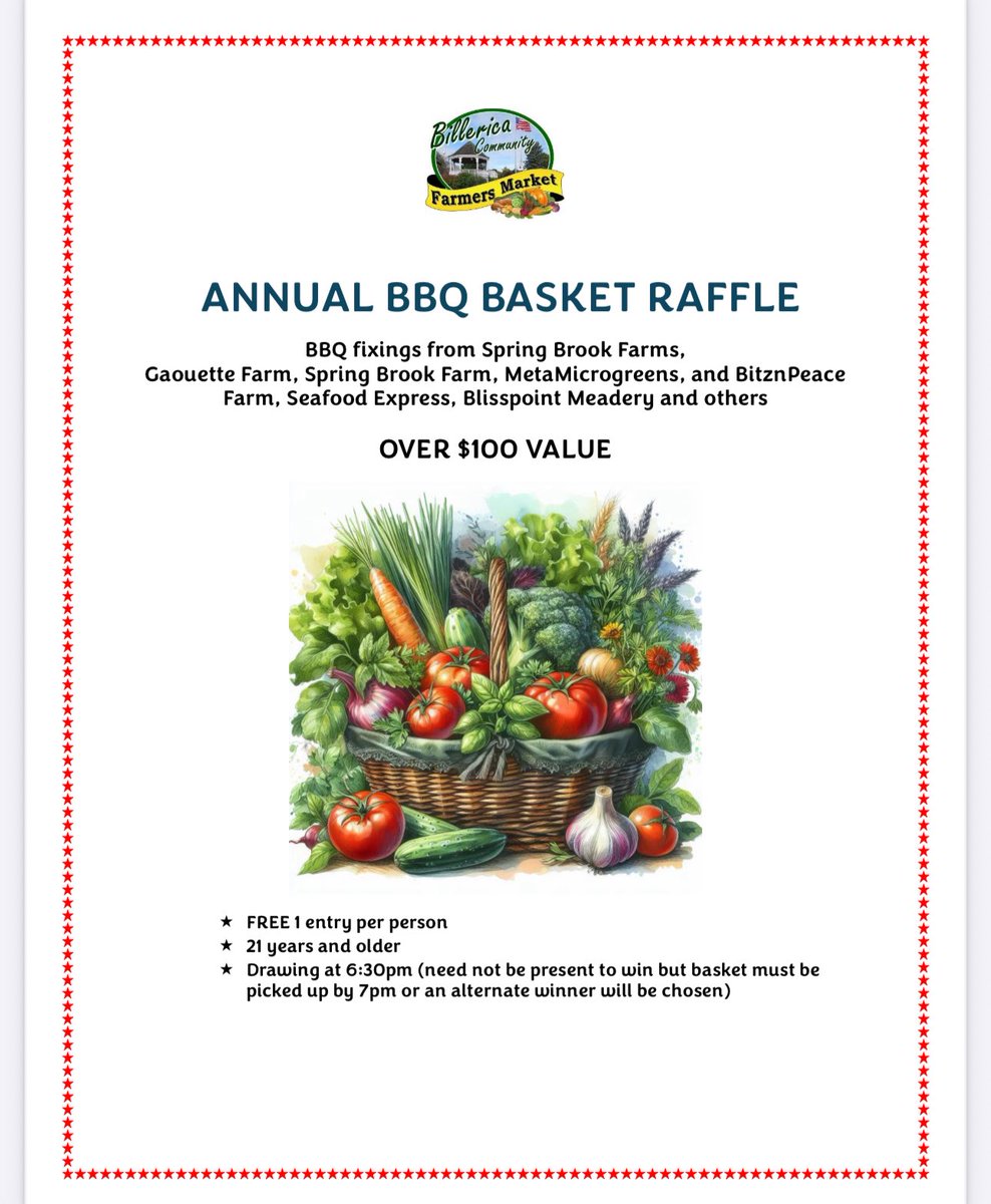 Annual basket raffle at the #Billerica Community Farmers Market. See details in image.