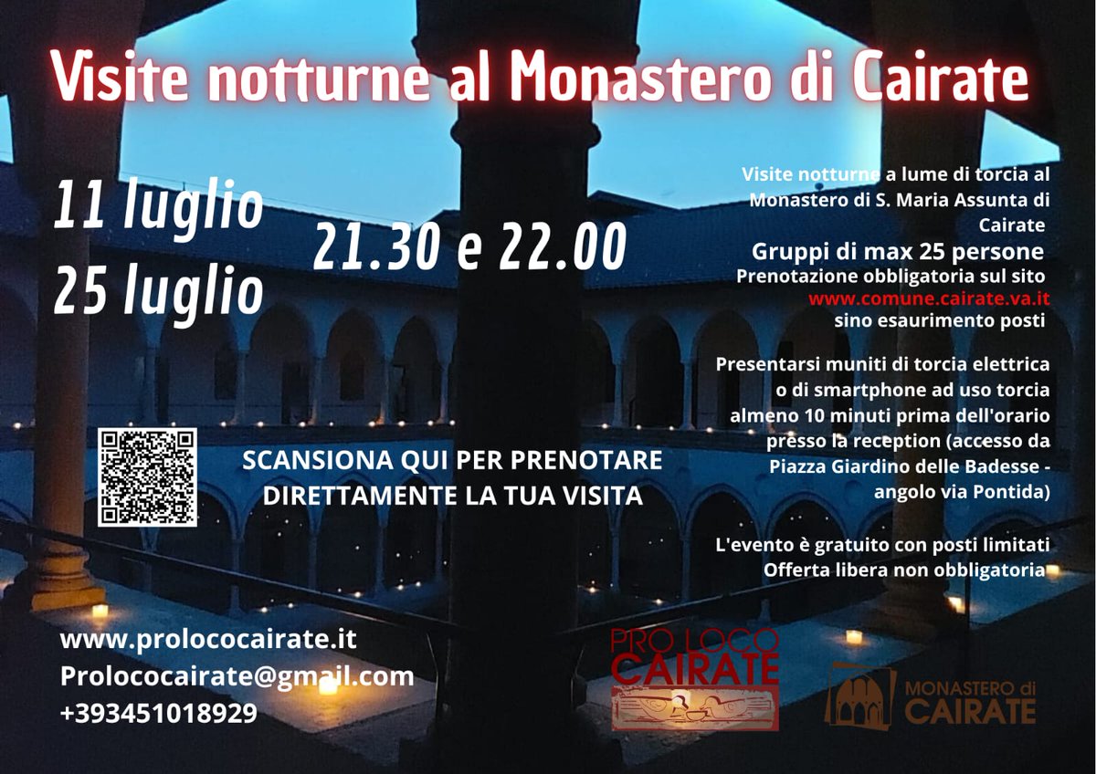 ➡️ VISITE NOTTURNE AL MONASTERO ⬅️ 

👉 Due turni di visita alle ore 21.30 e alle ore 22.00 venerdì 11 e venerdì 25 luglio 

👉 Prenotazione obbligatoria sul sito comune.cairate.va.it 

👉 Maggiori dettagli in locandina
