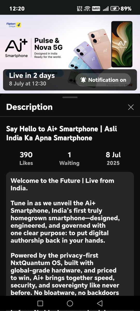 Harsh_A_D's tweet photo. @aiplus_official @NxtQuantumOS Excited for the Ai+ Smartphone Launch, Already turn on notifications for YouTube live link. 👍😃

#AiPlusSmartphone #BuiltForYou #BuiltForIndia #Nova5G #Pulse #BuiltForYou #BuiltForIndia #July8Launch https://t.co/MsIeJDgAIG