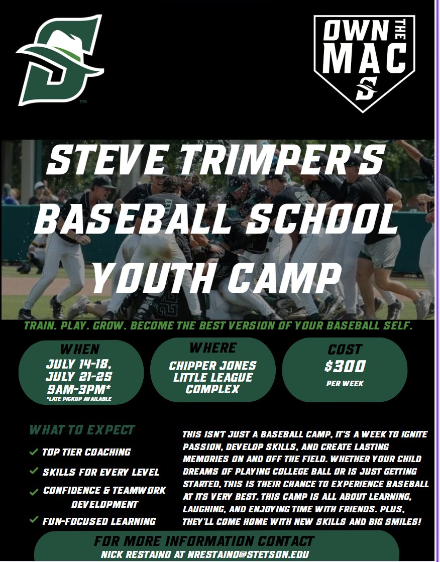 StetsonBaseball's tweet image. Register Today-Week 1 July 14-18th
Week 2 July 21st -25th Kids 7-13
stetsonbaseballcamps.totalcamps.com/About%20Us