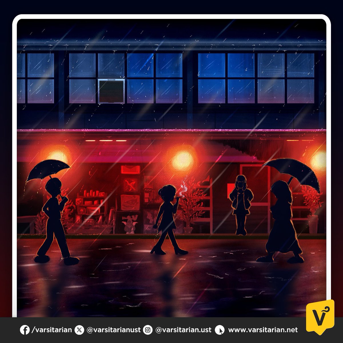 varsitarianust's tweet photo. #TOMASining: “Monsoon Blues”
By Jan Dennis S. Destajo
From “Chroma” Ustetika Folio 2006-2014
“Earlier lives drift by on silver soles, and the shadows of the damned descend into these sighing waters.”
–Georg Trakl
II.
Rain is to win, to win is to sob, re-evaluating the sense of all poems,
in cartoony shapes or live action plays that it moves outside the walls,
molded to what we always call the future – afraid, inundated.
Rain of yesterday is no different; there are still the bashed and anxious
from the threats
of oblivion - the reckless, the brave, the drunk, the lonely, the loved, the
rich,
the poor, the naked, the sexless, the holy, the hopeful, the brilliant.
Rain falls the same to the eccentric and strange, purgatoried in the
extents of Cubao
where most of the incomparable are, rock and punk and indie, the
everlasting
local rhythmic jam, angels of the night; sounds, words and junk.
It even rains in the steamy blocks of Taft, Bonifacio, and Timog, those elemental zones,
the margin of my generation, inventing more words to define casual
and obsessed
with the enemy of alcohol, and smoke and pot and pills and EDM,
trapped into
the imagery of happy and contentment but only promiscuous and dark.
Glasses half-empty where the age of self-discovery can’t open their lids
wide open in
storm and rage of true mind and intellect. Half-full and lost,
and they all weep for the syntax of being more human,
living in the shadow of desires with the ambient sounds
of the wind in a stormy day.
(Art by Louelle Marie P. Bumalay/ The Varsitarian)