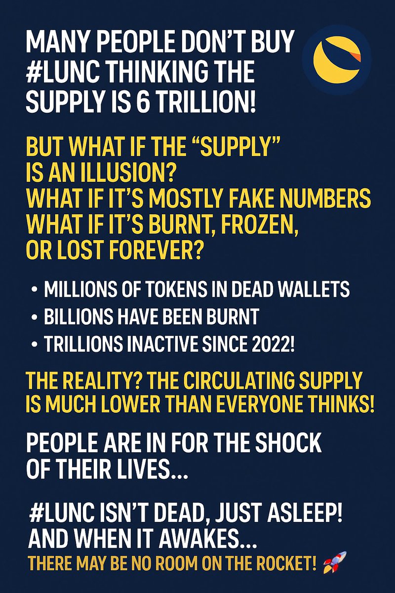 MouhieddinA's tweet photo. "The actual supply of $LUNC is much lower than everyone thinks... Many people are laughing at the $LUNC supply, but we'll see who laughs last. The shock is coming! 🚀🔥👀🤫"
#LUNC #Cryptocurrency #LUNCBurning #TerraClassic https://t.co/OG10kJvZX6