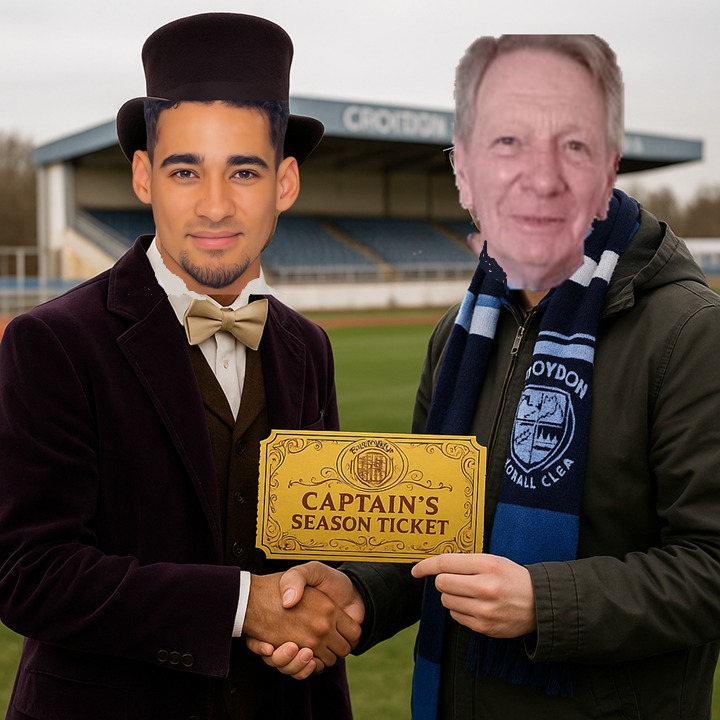 Croydon FC (@croydon_fc) on Twitter photo Captain <a href="/KieranRufus/">Kieran Rufus</a> has chosen @grahamhard80235 as the winner of the Captain's golden ticket! Kieran will buy deserving fan Graham his <a href="/Croydon_FC/">Croydon FC</a> season ticket as well as a well earned beer at the first home game in August. Captain <a href="/KieranRufus/">Kieran Rufus</a> has chosen @grahamhard80235 as the winner of the Captain's golden ticket! Kieran will buy deserving fan Graham his <a href="/Croydon_FC/">Croydon FC</a> season ticket as well as a well earned beer at the first home game in August.