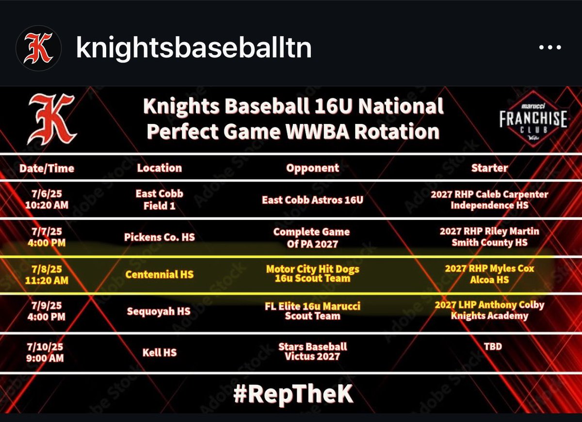 Last event of the summer for <a href="/KnightsSills/">Knights Sills</a> at East Cobb for the <a href="/PerfectGameUSA/">Perfect Game USA</a> WWBA 16u <a href="/PG_Scouting/">Perfect Game Scout</a> 

I’ll be pitching Tue, July 8, Centennial HS, 11:20 am

<a href="/LydosLab/">Lydo’s Lab Player Development</a> 
<a href="/MarcusLydon_/">Marcus Lydon</a> 
<a href="/dallasmattt/">dallas</a>
<a href="/PG_Tennessee/">Perfect Game Tennessee</a>
<a href="/BaseballNW/">Baseball Northwest</a>
