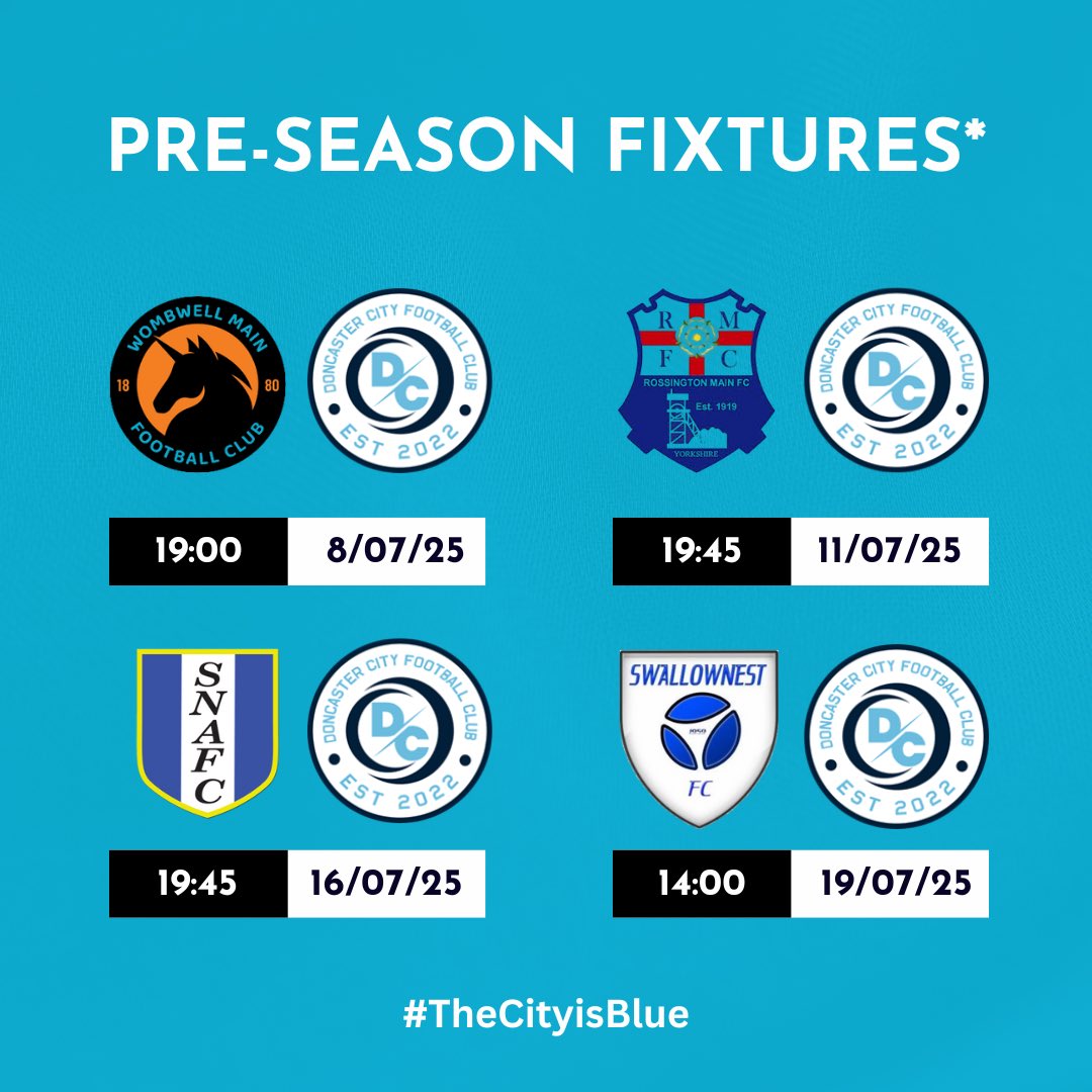 Doncaster City F(C) (@doncastercityfc) on Twitter photo Pre-Season Fixtures👇
Our Pre-Season games get underway this week as we face <a href="/WombwellMain/">Wombwell Main FC</a> and <a href="/RMFC1919/">Rossington Main FC</a> ⚽️
We’re still looking to add one or two more to the schedule so if this is of interest please get in touch📲
#TheCityisBlue #PreSeason #NonLeague Pre-Season Fixtures👇
Our Pre-Season games get underway this week as we face <a href="/WombwellMain/">Wombwell Main FC</a> and <a href="/RMFC1919/">Rossington Main FC</a> ⚽️
We’re still looking to add one or two more to the schedule so if this is of interest please get in touch📲
#TheCityisBlue #PreSeason #NonLeague