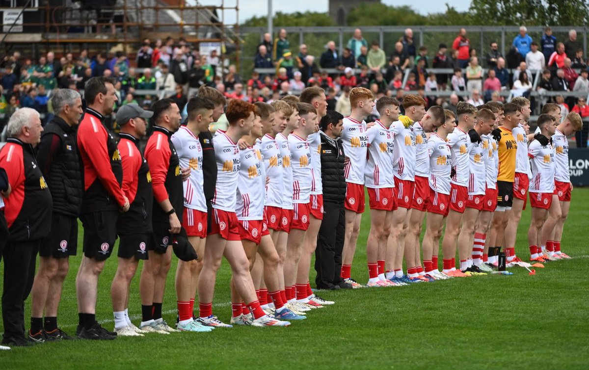 Brothers in arms. The Tyrone team and management before today’s All-Ireland minor final. Photo by Michael Cullen