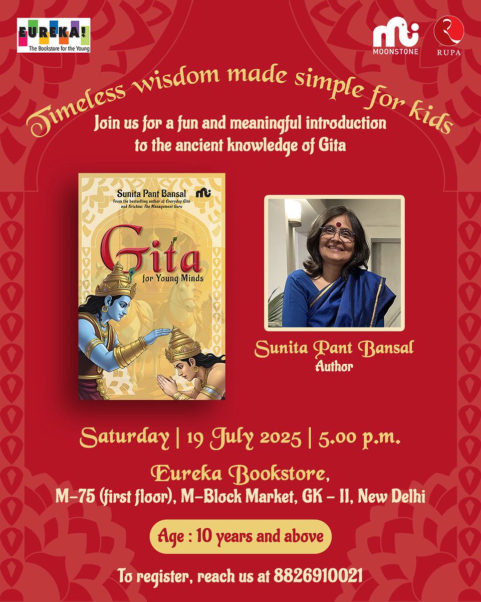 sunitapb's tweet photo. It is okay to be confused or conflicted. And in such a situation, the sensible course of action would be to do what Arjun did — seek help.
Come, join us for a discussion on Gita for Young Minds, at Eureka Bookstore @eurekachildrensbooks @Rupa_Books
#practicalwisdom #krishna https://t.co/cEPQn4Hp4P