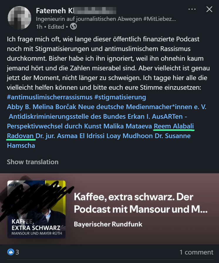 ÖRR-Frau (BR) schiesst gg ÖRR-Podcast (BR). Hält sie für inakzeptabel.

Dazu tagged der ÖRR-Qualitätsjournalist u.A. Bundesregierung (BMin Radovan vom BMZ). Die Gesichter der kritisierten Kollegen werden extra entstellt/zerkrakelt.

Das ist das Mindset. So Leute arbeiten da.