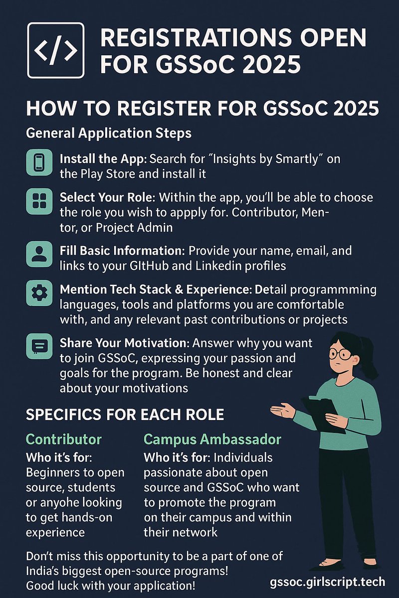 sparktechbytes's tweet image. 🚀Registrations are LIVE for GSSoC’25 by @Girlscriptorg!
A 3-month open-source journey with mentorship, inclusivity &amp;amp; recognition. 
Apply via the “Insights by Smartly” app gssoc.girlscript.tech
Be it a Contributor or Campus Ambassador — now’s your time to shine! @girlscriptsoc