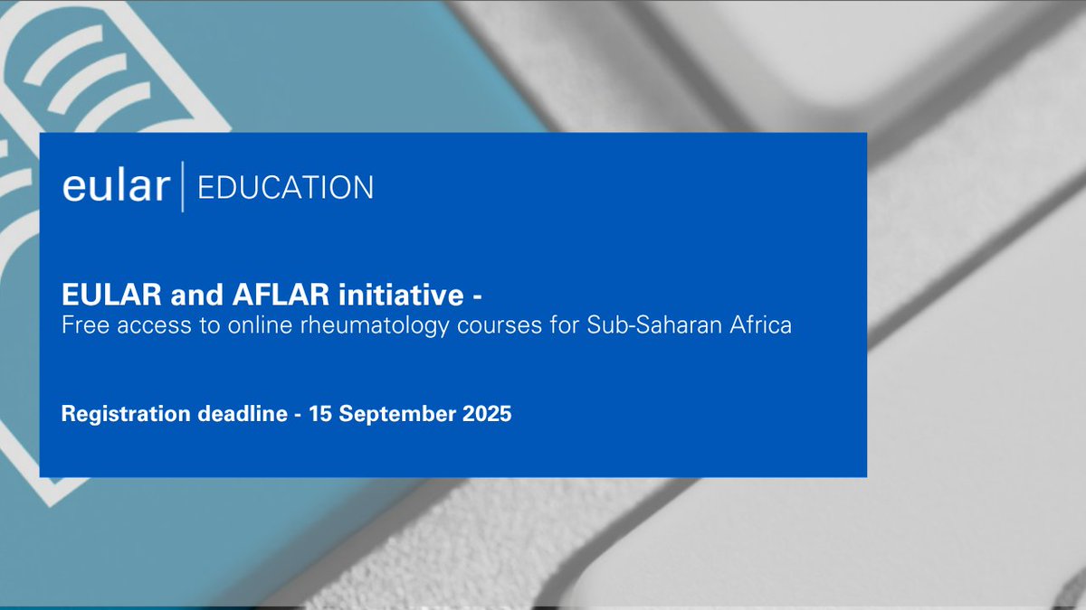 📢Calling all aspiring rheumatologists in Sub-Saharan Africa!

#EULAR and #AFLAR are enhancing #rheumatology training in Sub-Saharan Africa with free access to high quality online courses.

Register here: pulse.ly/nk4sbhmdzv

📅Deadline: 15 September 2025.

#MedicalEducation