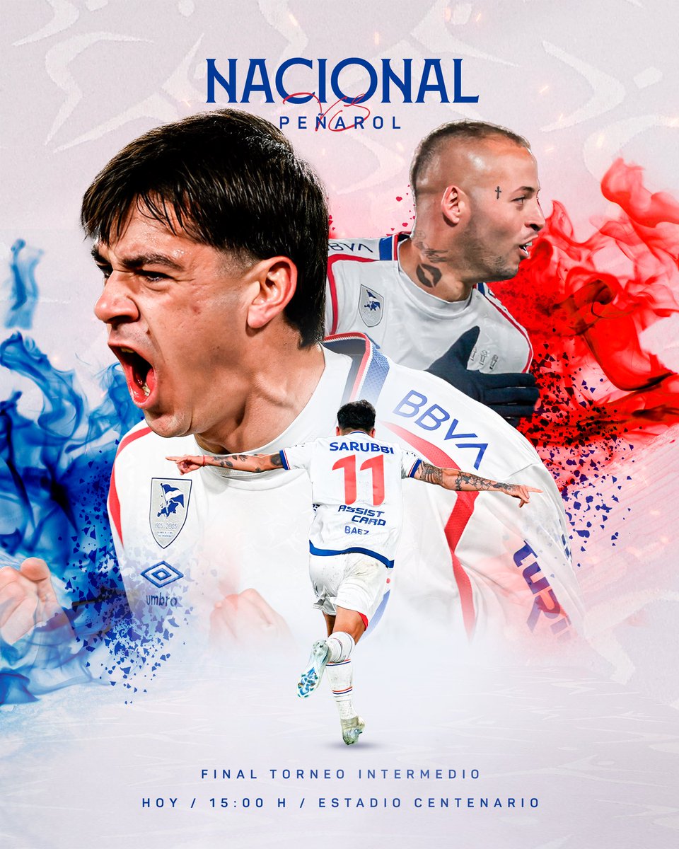 Nacional's tweet photo. ¡Hoy #JuegaNacional! 🔵⚪️🔴

🏆 @LigaAUF 
⚽️ Final | Torneo Intermedio
🆚 Peñarol
🕒 15:00hs
🏟️ Estadio Centenario https://t.co/b7DNQ2QtdX