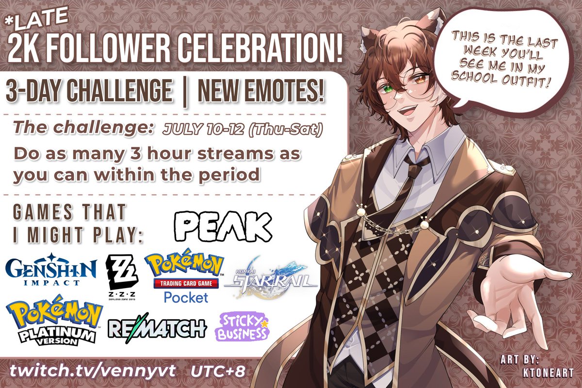 I’ve been busy but the time has come—
First of all, THANK YOU for helping me hit this huge milestone!
Celebrating 2K on twitch with a little challenge 😲

I’ll be streaming a lot on the days mentioned with a 3hr cap on every stream (for a chance to rest in between). See ya there!