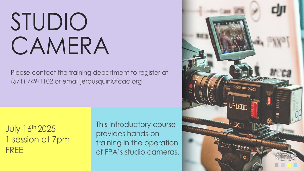 FPAtvradio's tweet image. Studio Camera is a free course offered at FPA, where you'll become proficient enough to volunteer as a camera operator on studio shows produced at the station and start earning that production experience.

#todayatfpa #studiocamera #publictelevision #communitymedia