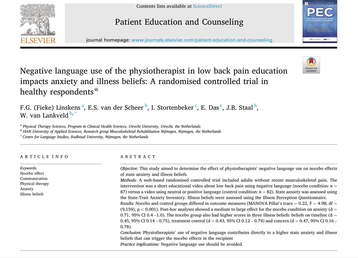 Negative language use of the physiotherapist in low back pain education impacts anxiety and illness beliefs: A randomised controlled trial in healthy respondents

pdf.sciencedirectassets.com/271173/1-s2.0-…