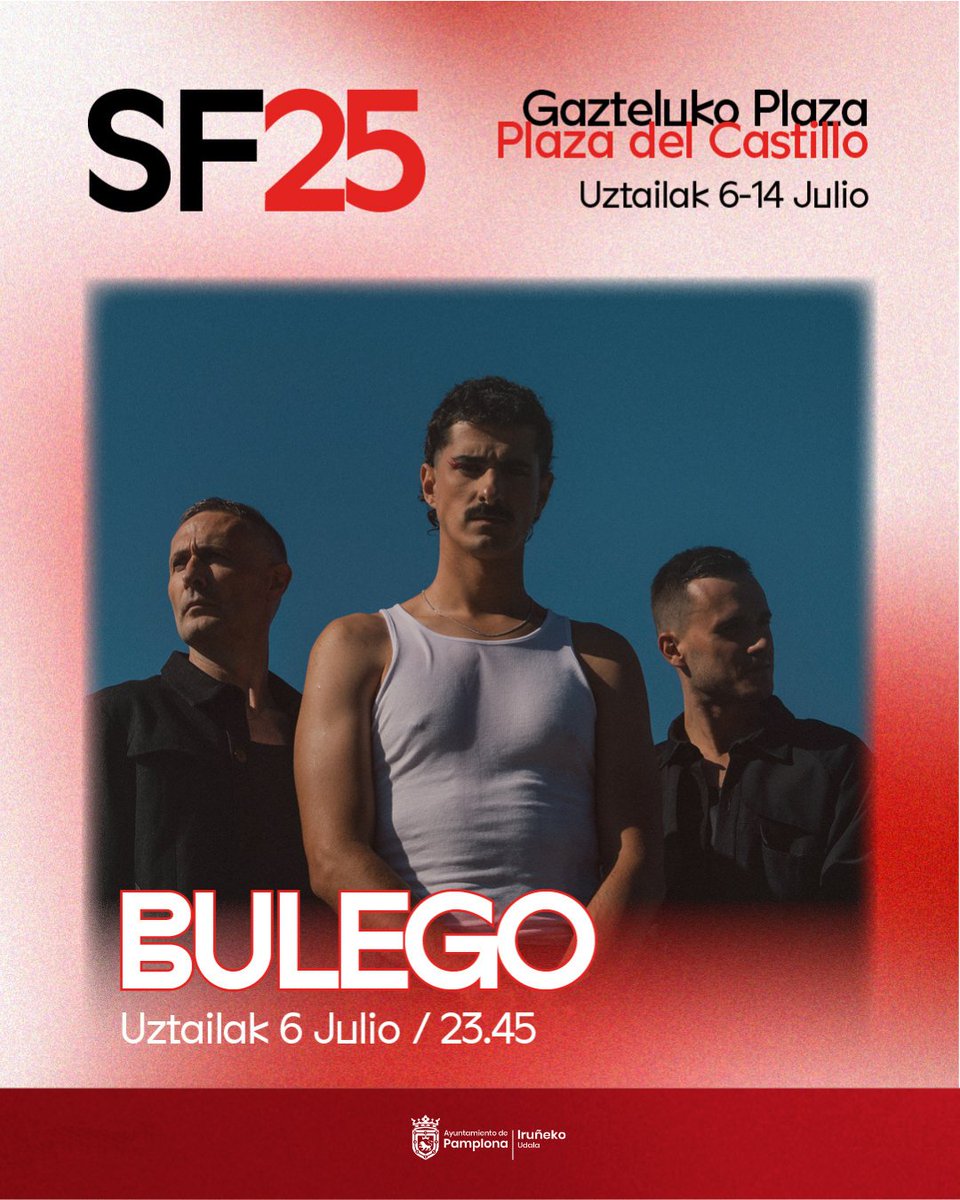 🎤🕺🏻 El pop euskaldun de Bulego abre este domingo los conciertos sanfermineros de la Plaza del Castillo

🕚 La actuación comenzará a las 23.45 h y será la primera de una decena de conciertos

#Sanfermines2025 #SanferminesPamplona 

🔎 +INFO: pamplona.es/actualidad/not…
