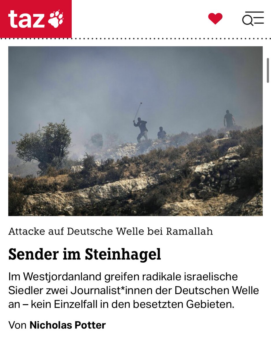 n1ckism's tweet image. Im Westjordanland greifen radikale israelische Siedler zwei Journalist*innen der Deutschen Welle an – kein Einzelfall in den besetzten Gebieten. Mein Text für @tazgezwitscher: taz.de/Attacke-auf-De…