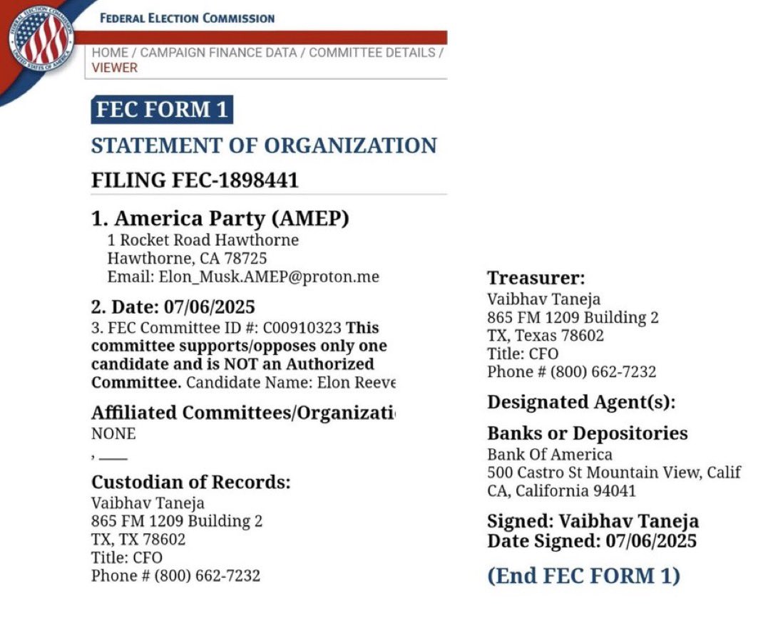 BRAKING 🇺🇸: The American party by Elon Musk  is officially formed.