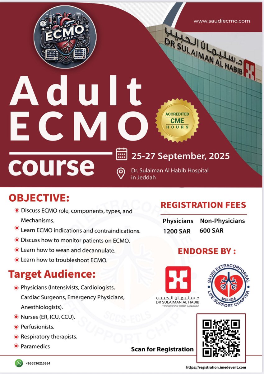 🔵🔵Learn ECMO with the SECMO team. Come to jeddah in September and enjoy a great course. Register here: registration.imedevent.com. 🔴🔴