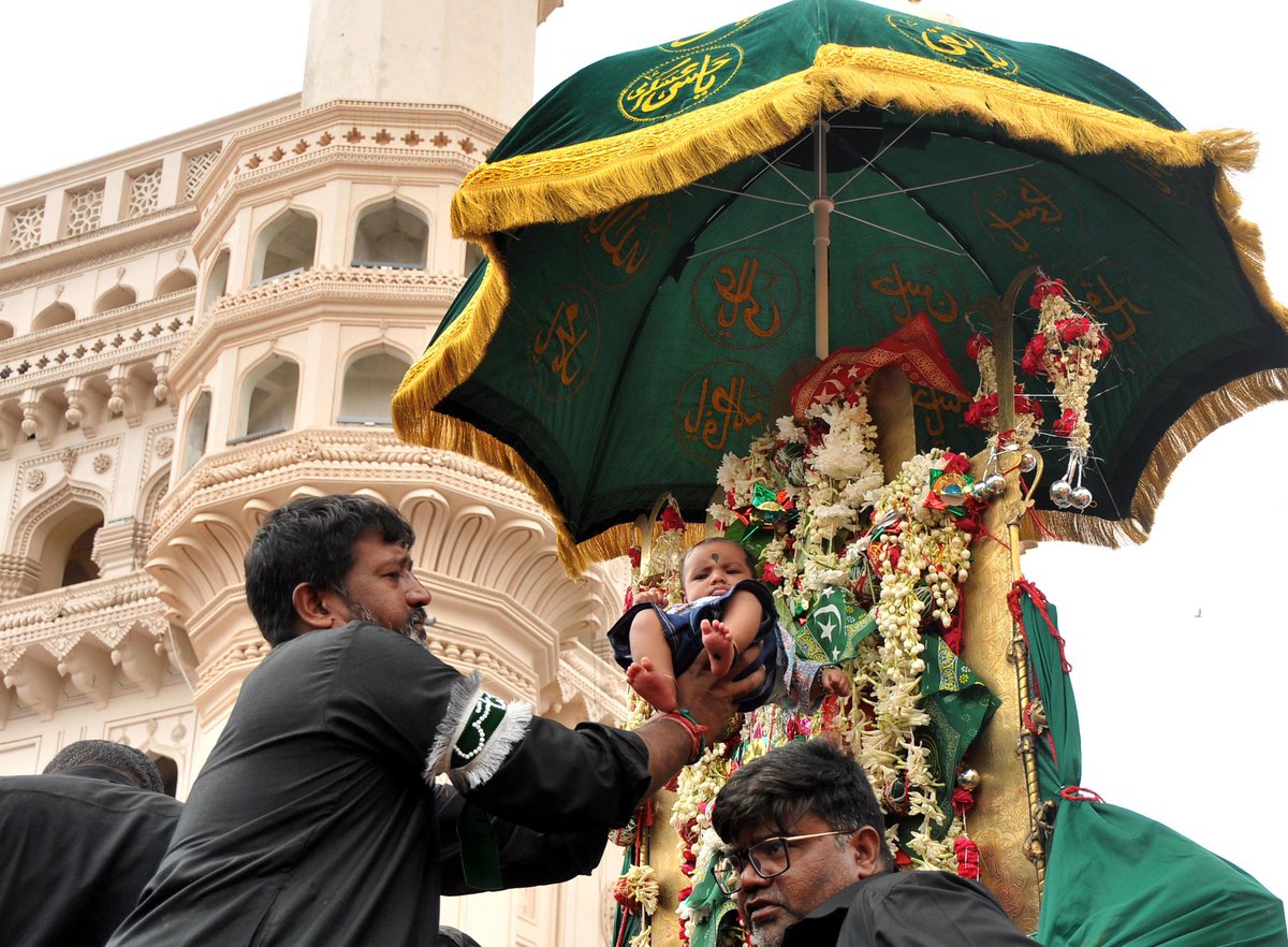 A large number of devotees take part in the historic Bibi ka Alam procession on Yaum-e-Ashura (10th day of Muharram) at Charminar in the Old City

Shot by: Syed Omar

#Muharram #Ashura2025
#Hyderabad #Charminar