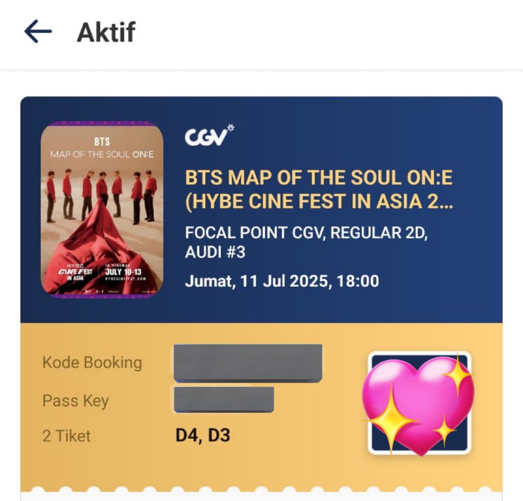 WTS BTS MAP OF THE SOUL ON:E (HYBE CINE FEST IN ASIA 2025)

📍CGV Focal Point Medan
⏰ Jumaat, 11 juli 2025, jam 18.00