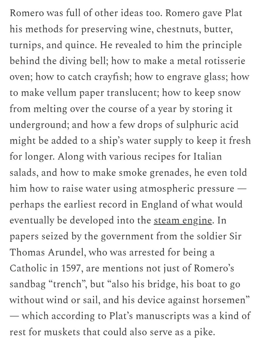 Nicholas Romero was an Italian that has lived under Spanish rule in the late 1500s, and then ended up in England. That's where he met Hugh Plat who had the knack for pumping his friend due information/inventions.

Romero apparently told Plat how to make pasta, including extruded