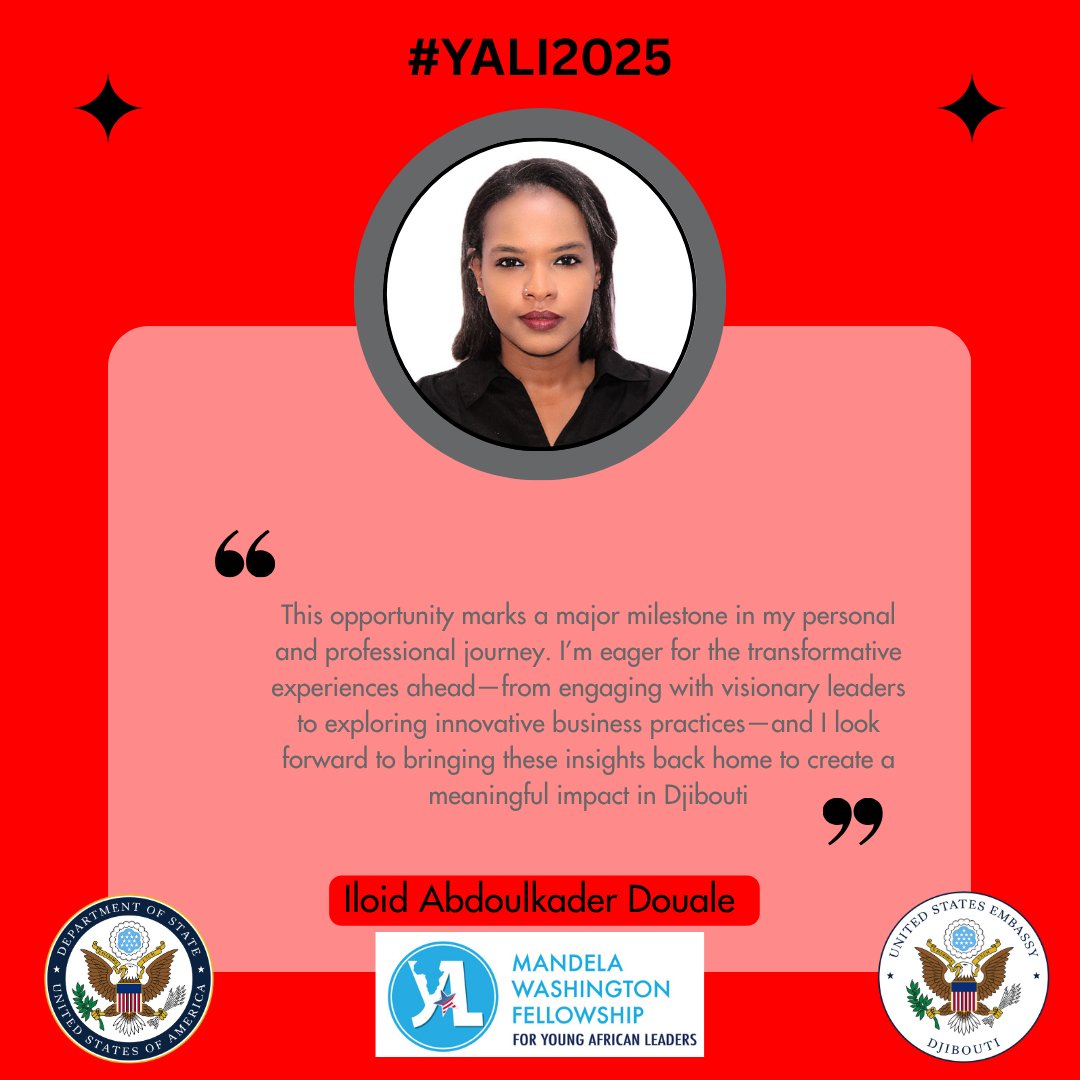 US_Emb_Djibouti's tweet image. Nous sommes fiers d'annoncer qu'Iloid Abdoulkader Douale représente Djibouti au Mandela Washington Fellowship 2025, organisé par la Clark Atlanta University.
Elle participe au programme Leadership in Business, rejoignant ainsi un réseau de jeunes leaders africains dynamiques qui…