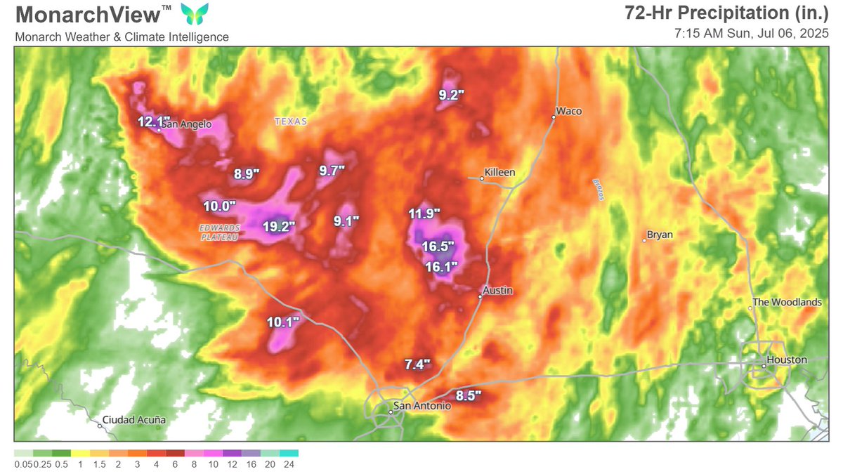 KathrynProciv's tweet image. 72-hour rainfall (radar estimates) across the Texas Hill Country really illustrates the highly localized, mesoscale nature to the locations of extreme rainfall and flash #flooding. #TXwx #FlashFloodAlley