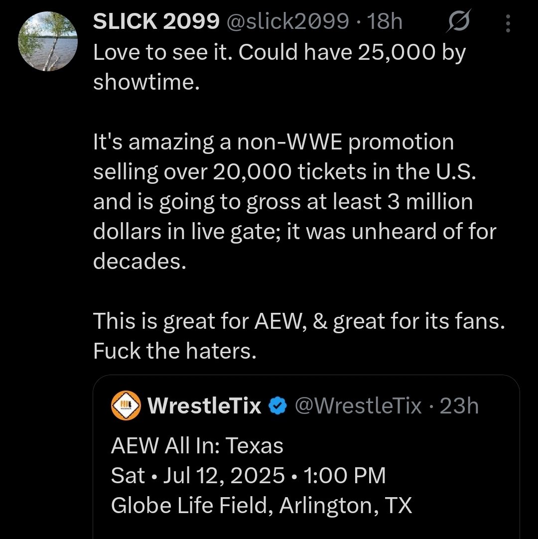 Congrats to AEW but they are going right back down to small venues starting later this month and August with Chicago and Cincinnati shows. Enjoy your biggest show of the year while it last folks. 

...Also that $2 to $3M live gate is very questionable.