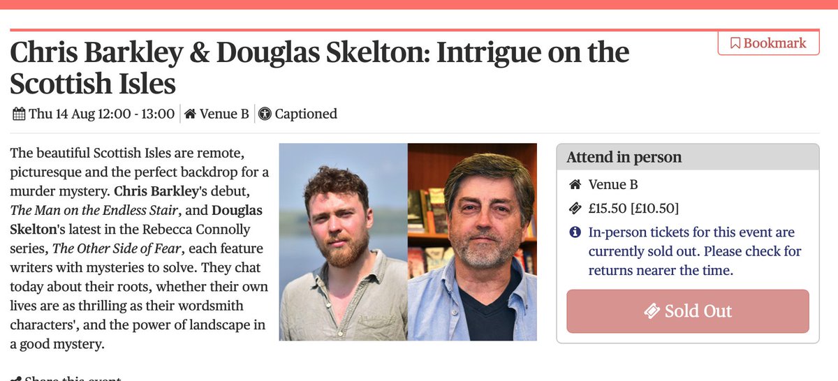 Douglas Skelton (@douglasskelton1) on Twitter photo Delighted to see that my debut appearance at the Edinburgh International Book Festival, alongside Chris Barkley, is already sold out!
Yes, I know - I sold out years ago....
<a href="/PolygonBooks/">Polygon Books</a> <a href="/BLM_Agency/">Bell Lomax Moreton</a> <a href="/Jobbiebell/">Jo Bell</a> Delighted to see that my debut appearance at the Edinburgh International Book Festival, alongside Chris Barkley, is already sold out!
Yes, I know - I sold out years ago....
<a href="/PolygonBooks/">Polygon Books</a> <a href="/BLM_Agency/">Bell Lomax Moreton</a> <a href="/Jobbiebell/">Jo Bell</a>