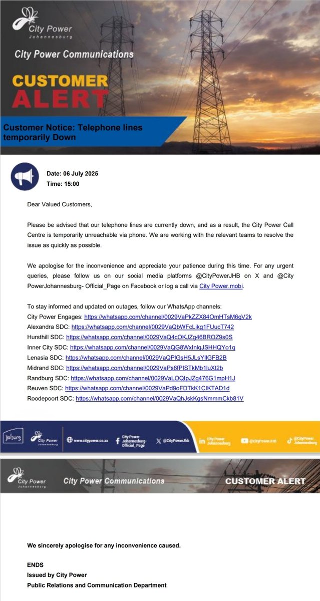 CityPowerJhb's tweet image. #CityPowerUpdates #CustomerAlert

Please be advised that our telephone lines are currently down, and as a result, the City Power Call Centre is temporarily unreachable via phone. We are working with the relevant teams to resolve the issue as quickly as possible. ^OS