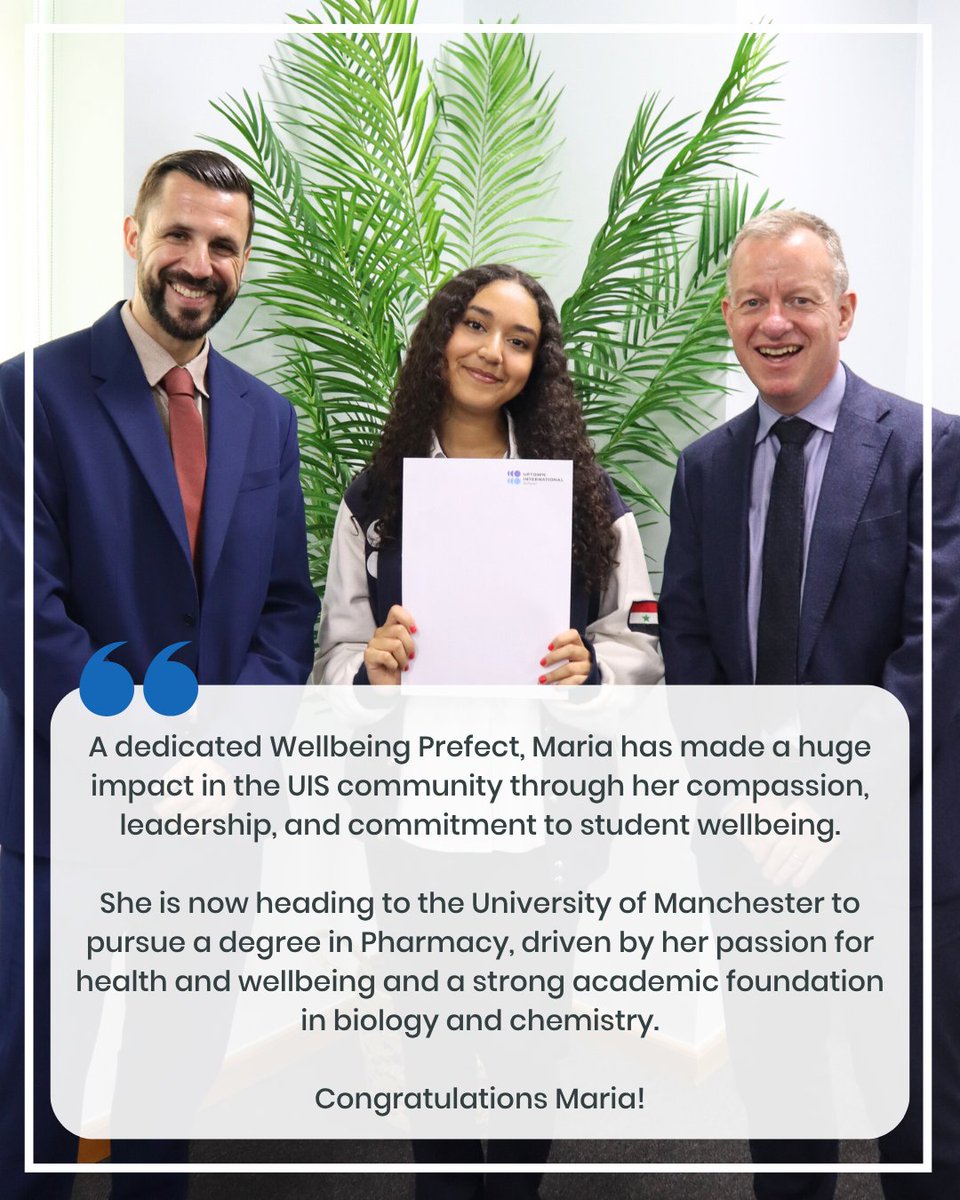 UISDubai's tweet image. Congratulations, Maria! ⭐
Our Top IB Performer with an incredible 43 points! She now begins her journey in Pharmacy at the University of Manchester — we couldn’t be prouder! 🎓💙
#WeAreUIS #ProudlyTaaleem #IBResults2025 #ClassOf2025 #MindsetOfTheFuture