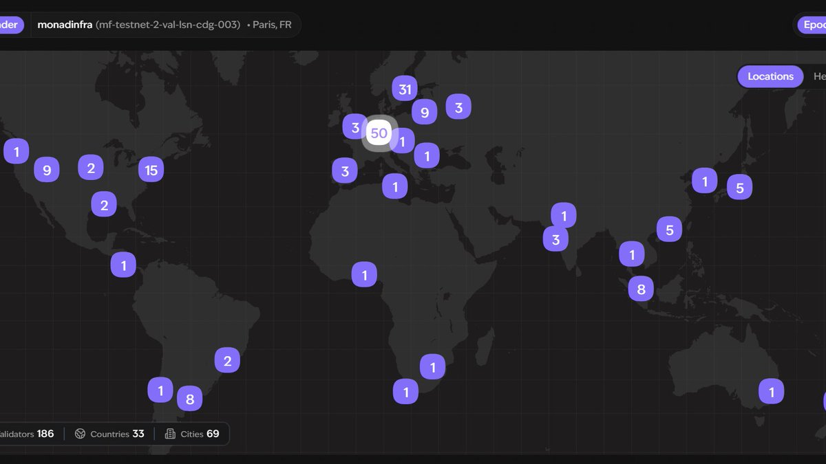 186 validators. 33 countries. 69 cities. 
Monad testnet v2 is growing fast. 

<a href="/monad_xyz/">Monad</a> got room for one more validator?

source: gmonads.com