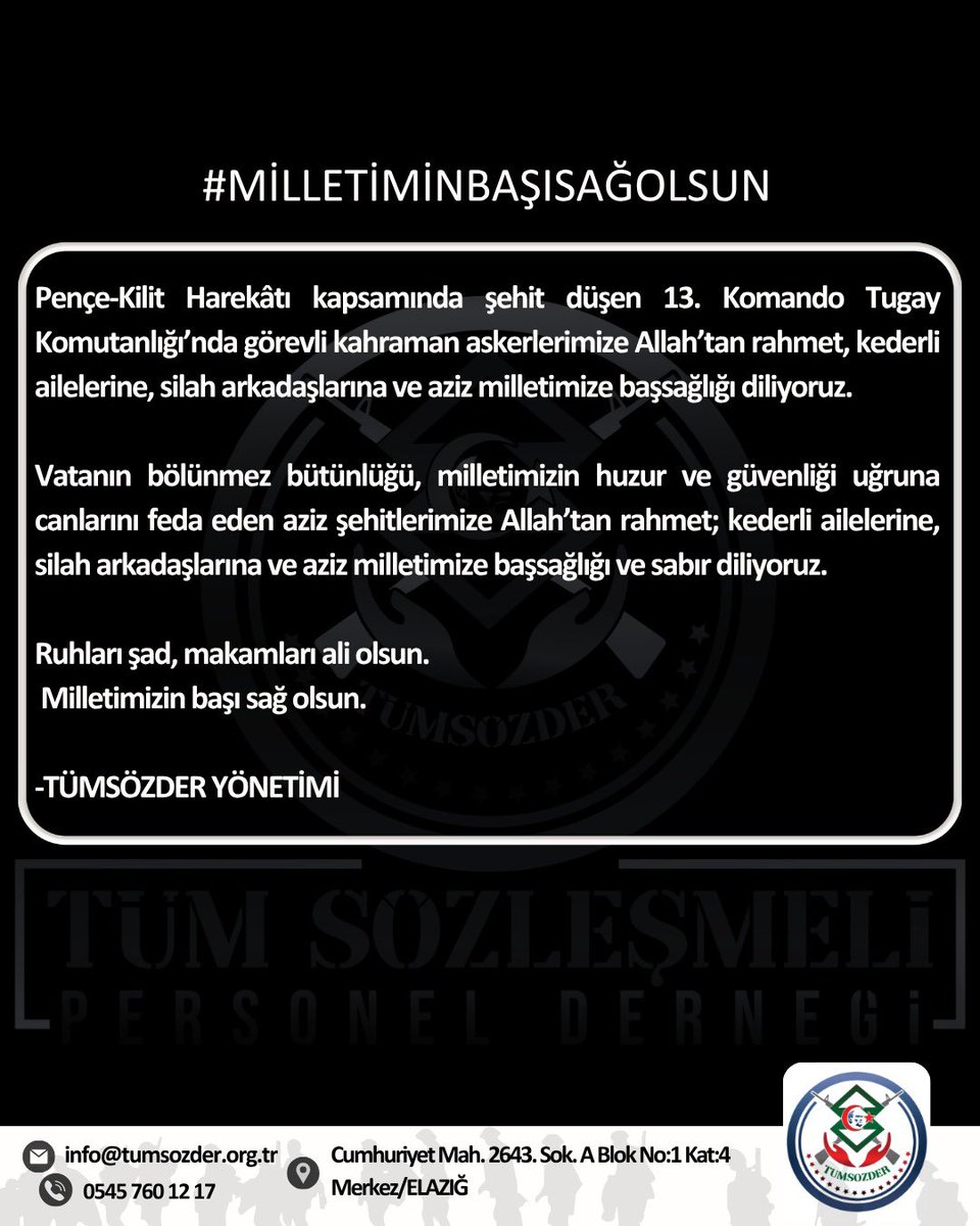 #milletiminbaşısağolsun

Pençe-Kilit Harekâtı kapsamında şehit düşen 13. Komando Tugay Komutanlığı’nda görevli kahraman askerlerimize Allah’tan rahmet, kederli ailelerine, silah arkadaşlarına ve aziz milletimize başsağlığı diliyoruz.

Vatanın bölünmez bütünlüğü, milletimizin