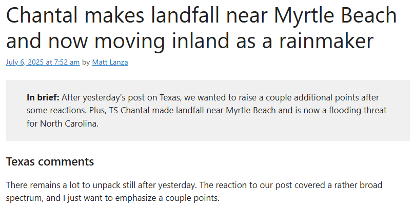 As Tropical Storm Chantal made landfall overnight, check in with the experts on how NOAA and NWS funding affects the forecast.

theeyewall.com/chantal-makes-…