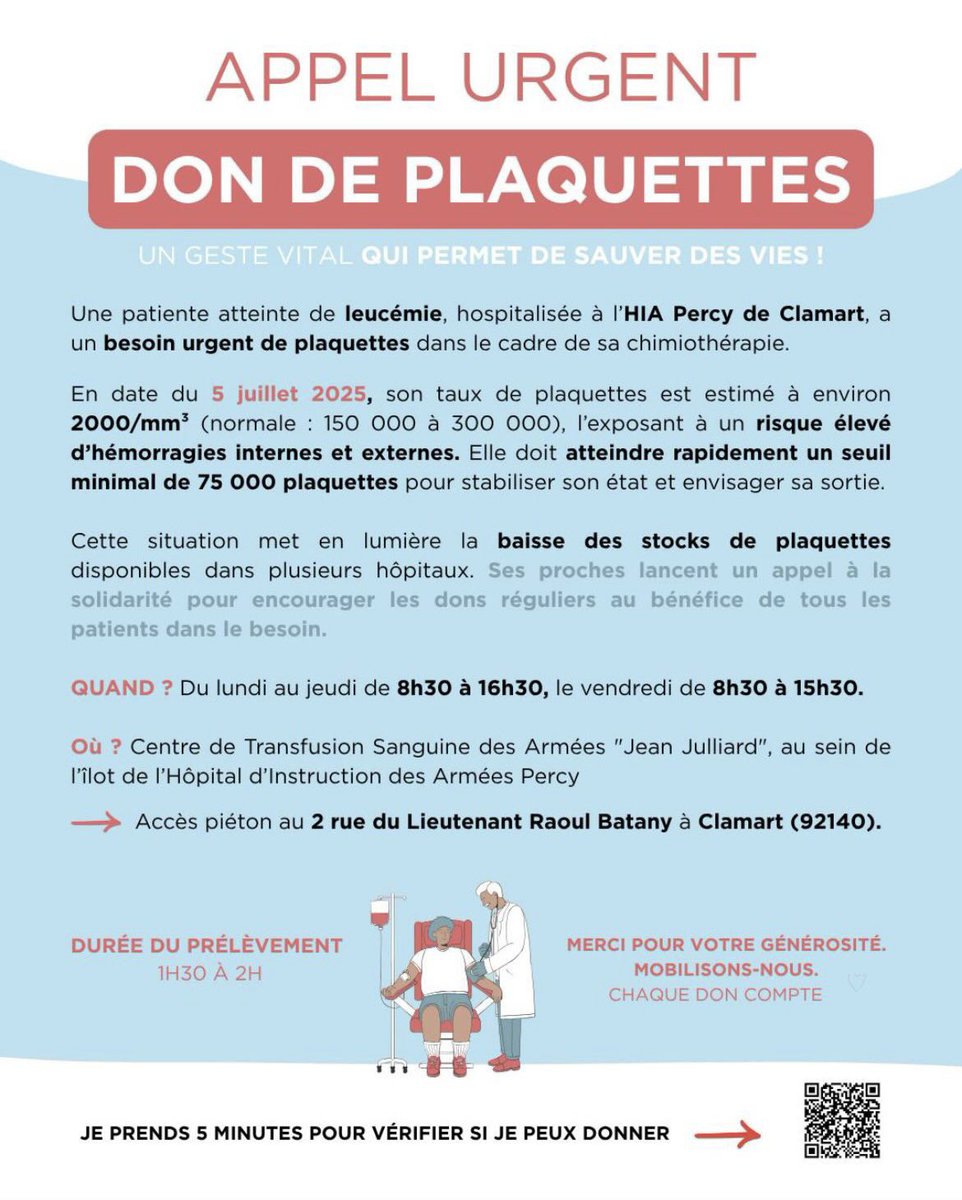 🚨 Une jeune fille, atteinte de leucémie et hospitalisée à Clamart, en région parisienne, a un besoin très urgent de plaquettes.
Pourriez-vous diffuser cette image réalisée par l’hôpital svp ? Merci pour elle 🙏🏽