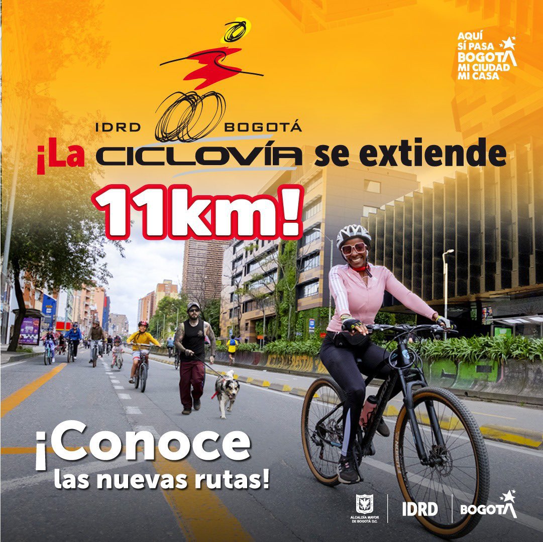 🚴‍♀️ ¡Es hoy, es hoy! ❤️ ¡Desde este domingo, 6 de julio, Bogotá pedalea con más fuerza! 🙌

La #Ciclovía se expande con 11 kilómetros nuevos para que más personas disfruten de la bici, el deporte y el espacio público.