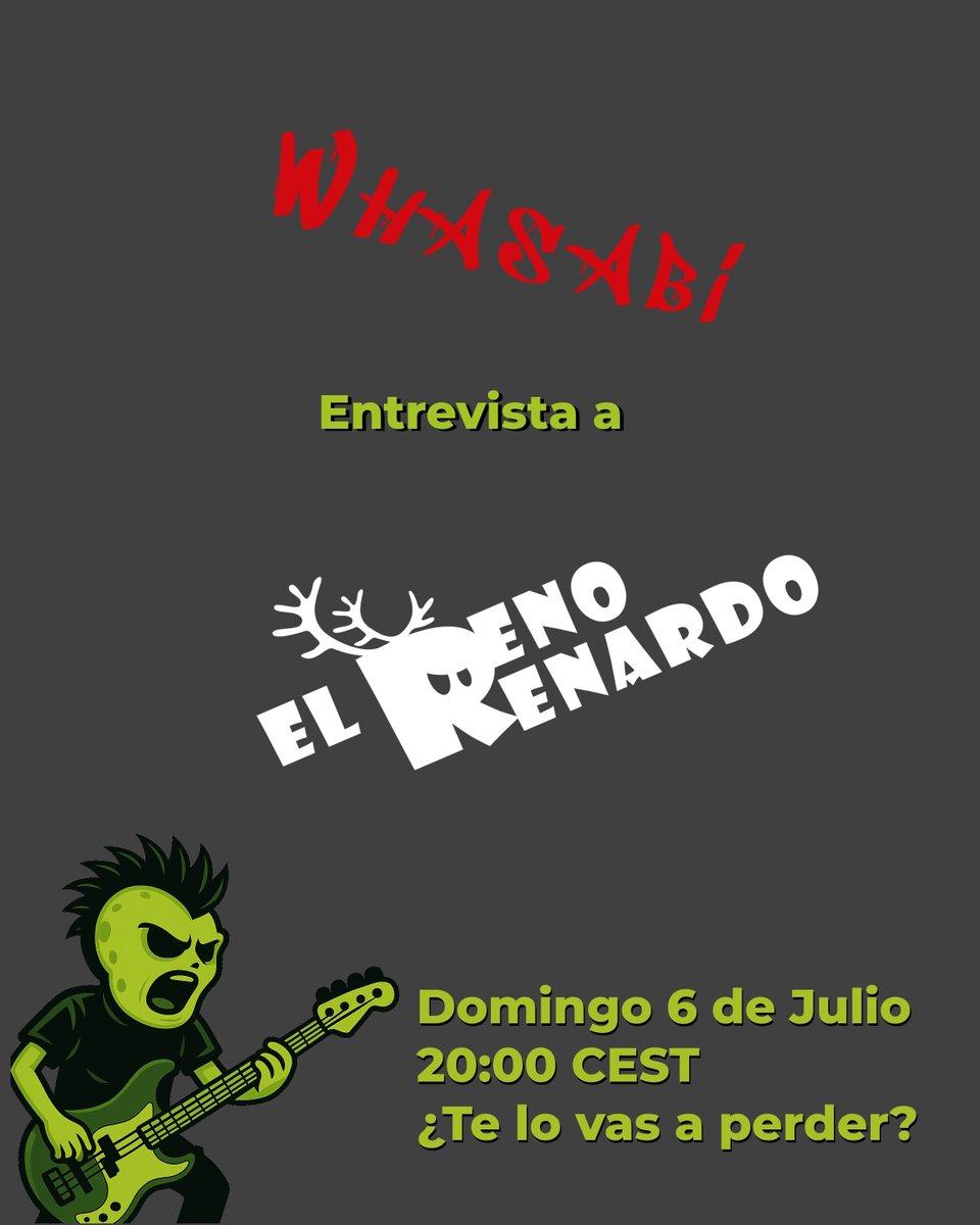 esta noche a las 20:00 estaremos entrevistando a 🤘🏻 Jevo de la banda de <a href="/RenoRenardo/">Reno Renardo</a>  os lo váis a perder?  #HeavyMetal #Entrevista #Twitch #FreakMetal
🎸 twitch.tv/iwhasabi