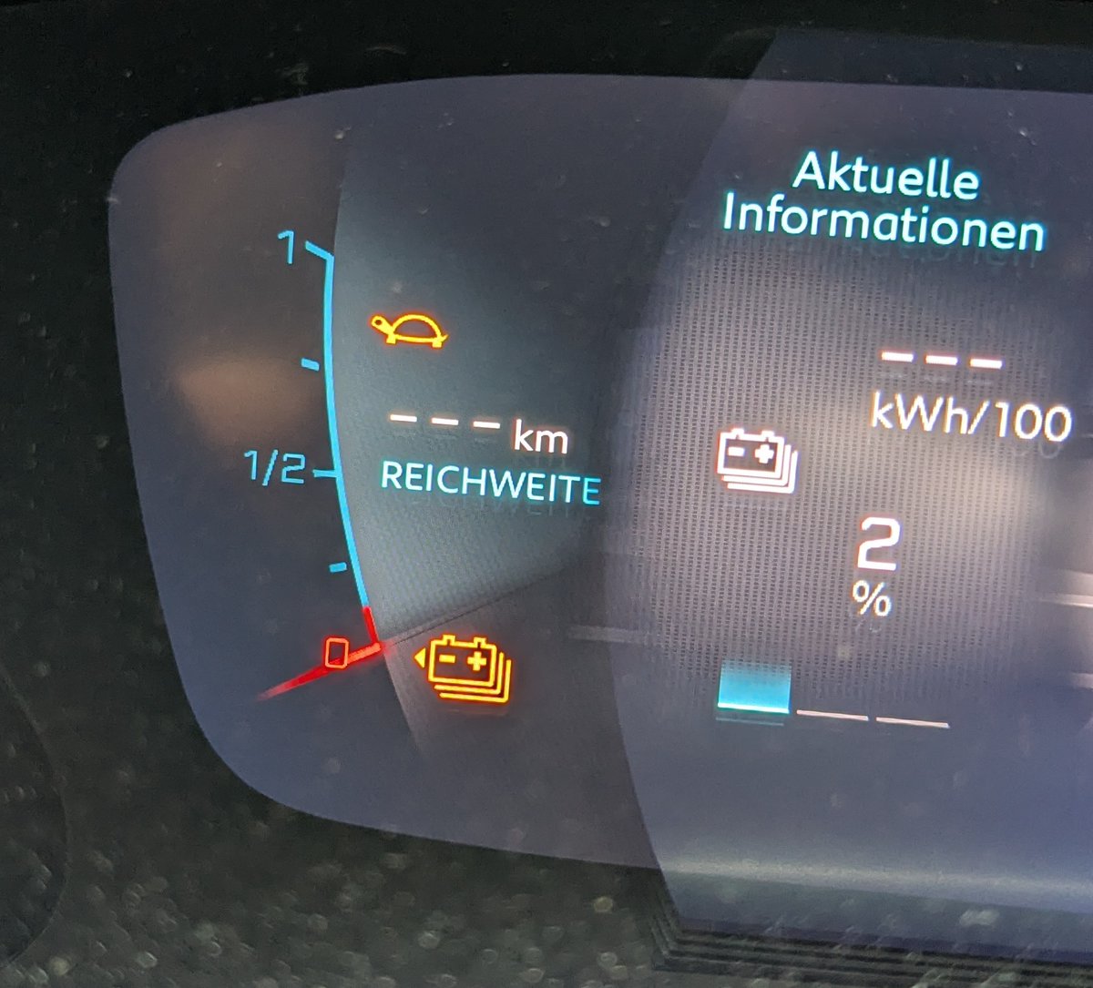 Mit einer Reichweite von --- km und noch 2% Restkapazität im Akku Zuhause angekommen. 
Keine Macht der Schildkröte!