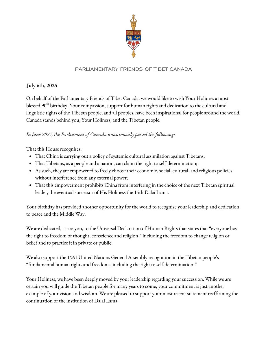 j_maloney's tweet image. Wishing His Holiness the 14th Dalai Lama a blessed 90th birthday. 🇨🇦
On behalf of the Canadian Parliamentary Friends of Tibet, we honour his lifelong dedication to compassion, peace, and the rights of the Tibetan people.
@TCCC_GC @CanadaTibet