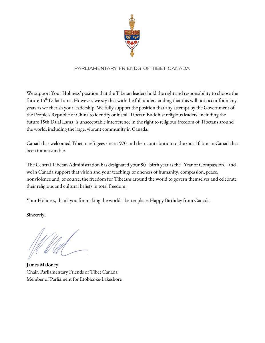 j_maloney's tweet image. Wishing His Holiness the 14th Dalai Lama a blessed 90th birthday. 🇨🇦
On behalf of the Canadian Parliamentary Friends of Tibet, we honour his lifelong dedication to compassion, peace, and the rights of the Tibetan people.
@TCCC_GC @CanadaTibet