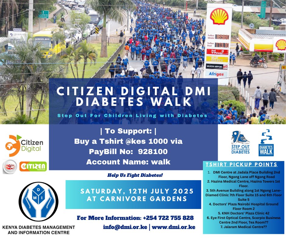 🎽 Looking for where to collect your Citizen Digital DMI Diabetes Walk t-shirt? We've got you covered!

✅ Pick up your t-shirt at any of our collection points across Nairobi — or get yours on the day of the walk at Carnivore Grounds!
📞 For more info: +254 722 755 828